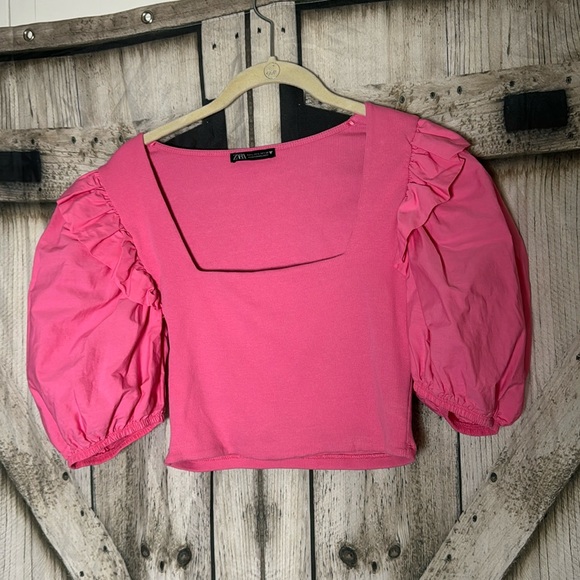 Zara Bubblegum Pink Square Neck Women’s Large Crop Top with Puff Sleeves - Picture 3 of 5
